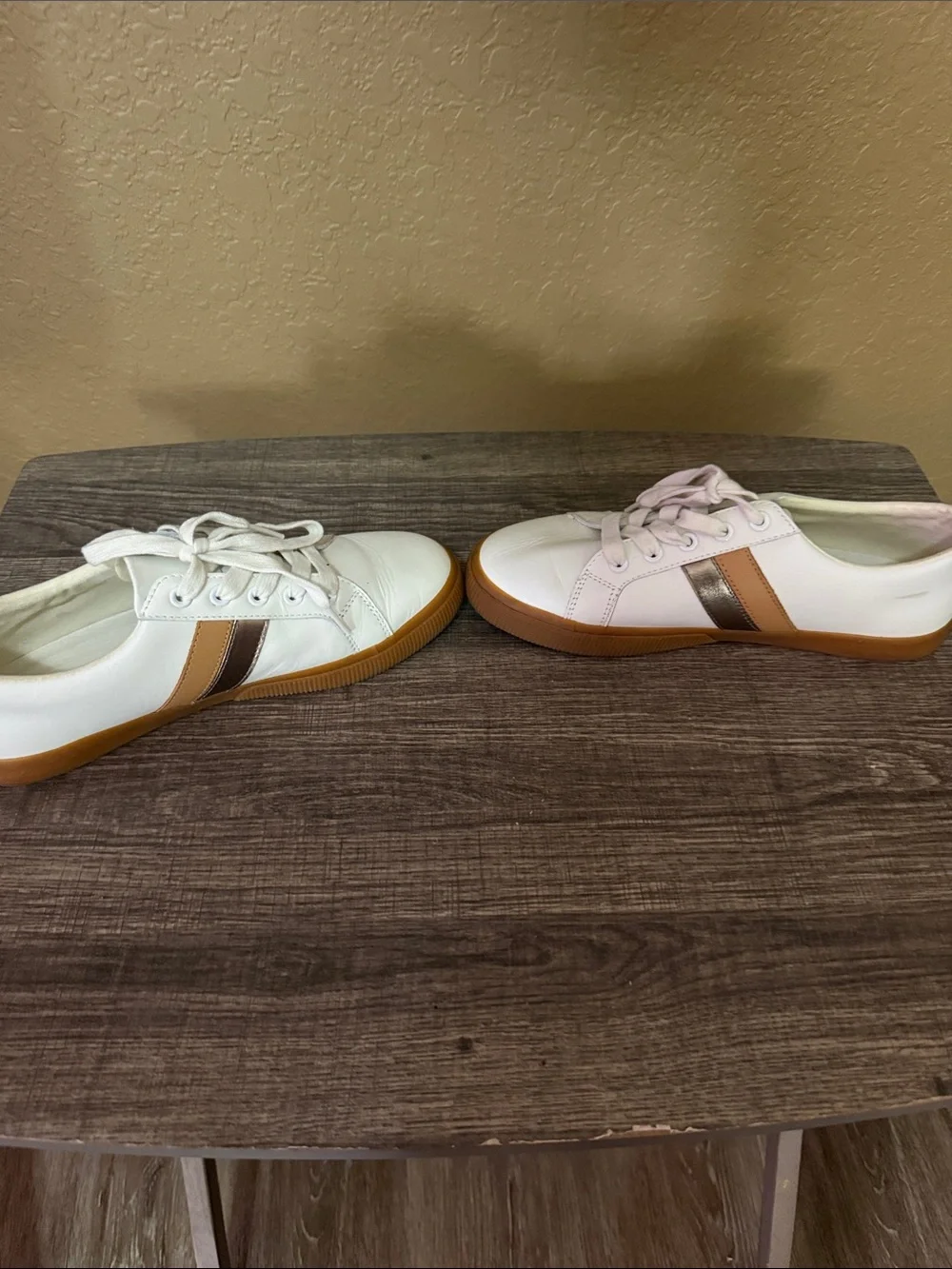 Lauren Ralph Lauren White Leather Sneakers with Brown & Black Accent Stripes